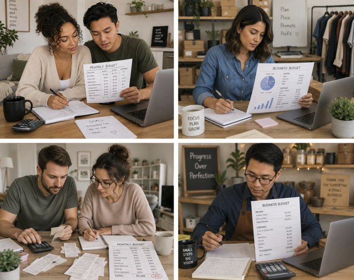 Personal budgeting couple and small business owners reviewing finances